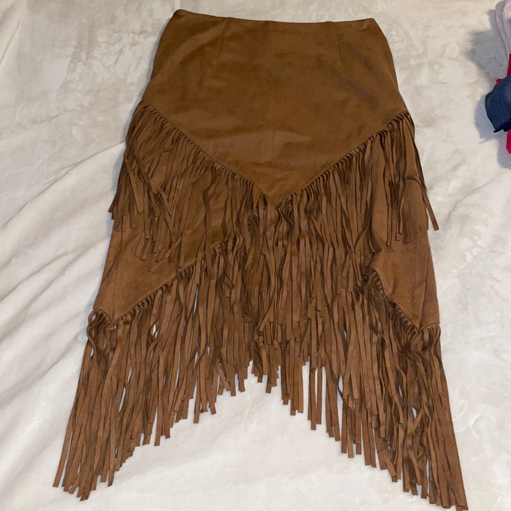 Chico’s Suede Fringe Midi Skirt Gingerbread Brown